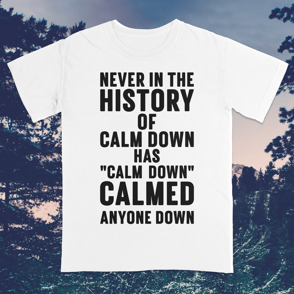Calm Down PSA Shirt - AudaciousT-ShirtWhite with Black TextS