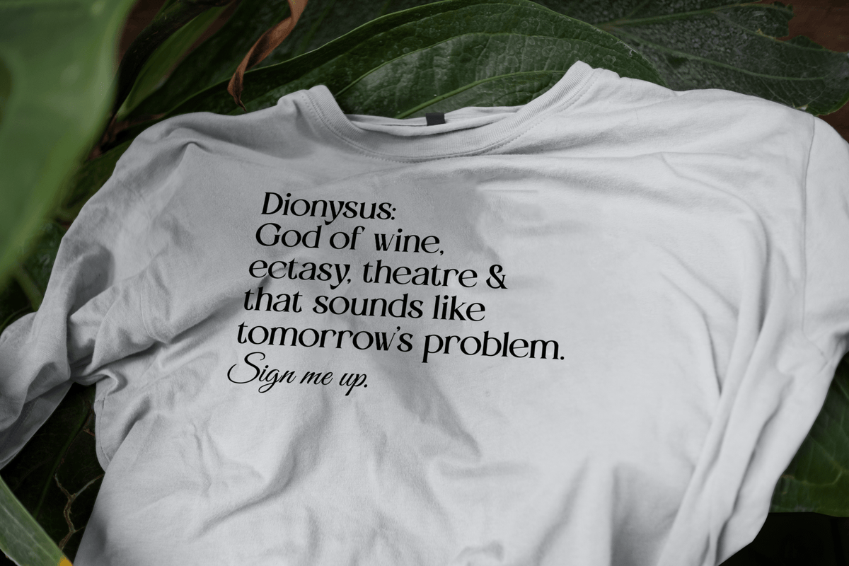 Dionysus God of the Party Tee - AudaciousT-ShirtWhite with Black TextS