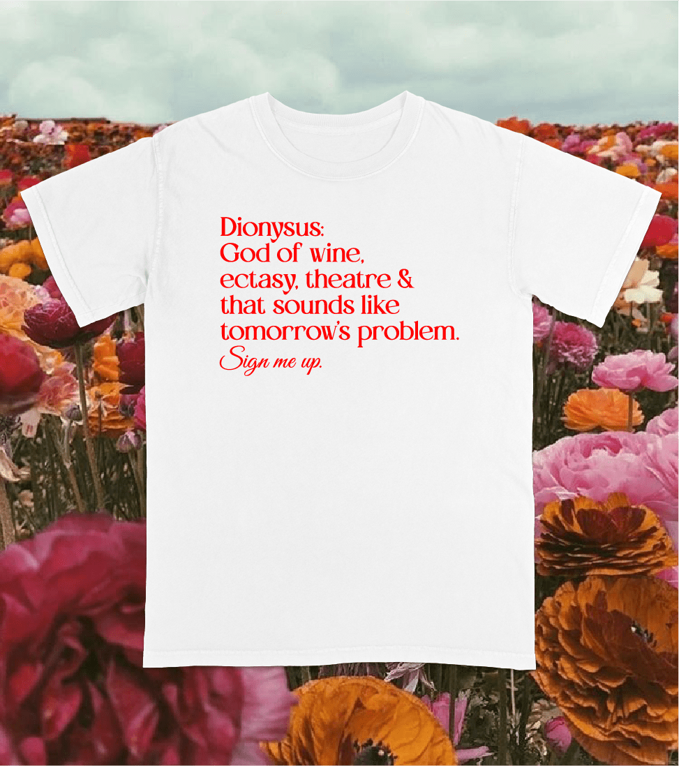Dionysus God of the Party Tee - AudaciousT-ShirtWhite with Red TextS